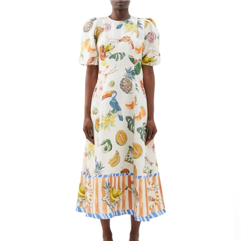 Alemais- Ivory Linen Theo Printed Midi Dress